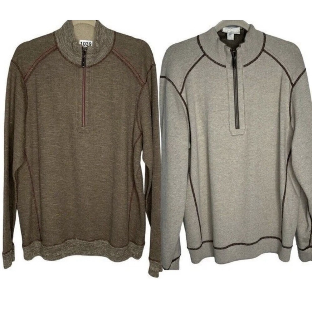 Tommy Bahama Reversible 1/2 Zip Pullover Sweater Gray/Brown Cotton Knit Men's XL